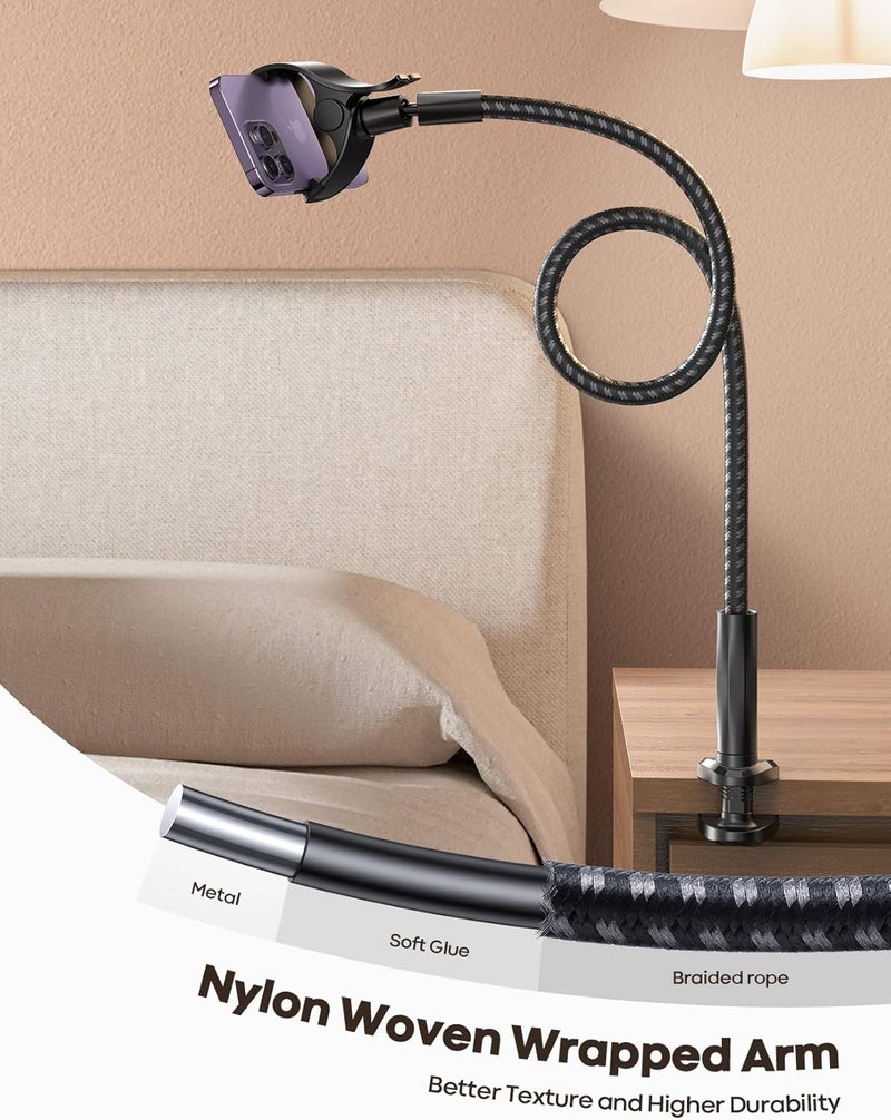 Lamicall Gooseneck Phone Holder Bed - [Nylon Braided] Flexible Arm, 38inch Overall Length, 360 Adjustable Clamp Clip, Overhead Cell Phone Mount Stand for Bed, Desk, 4-7” Cellphone - Image 3